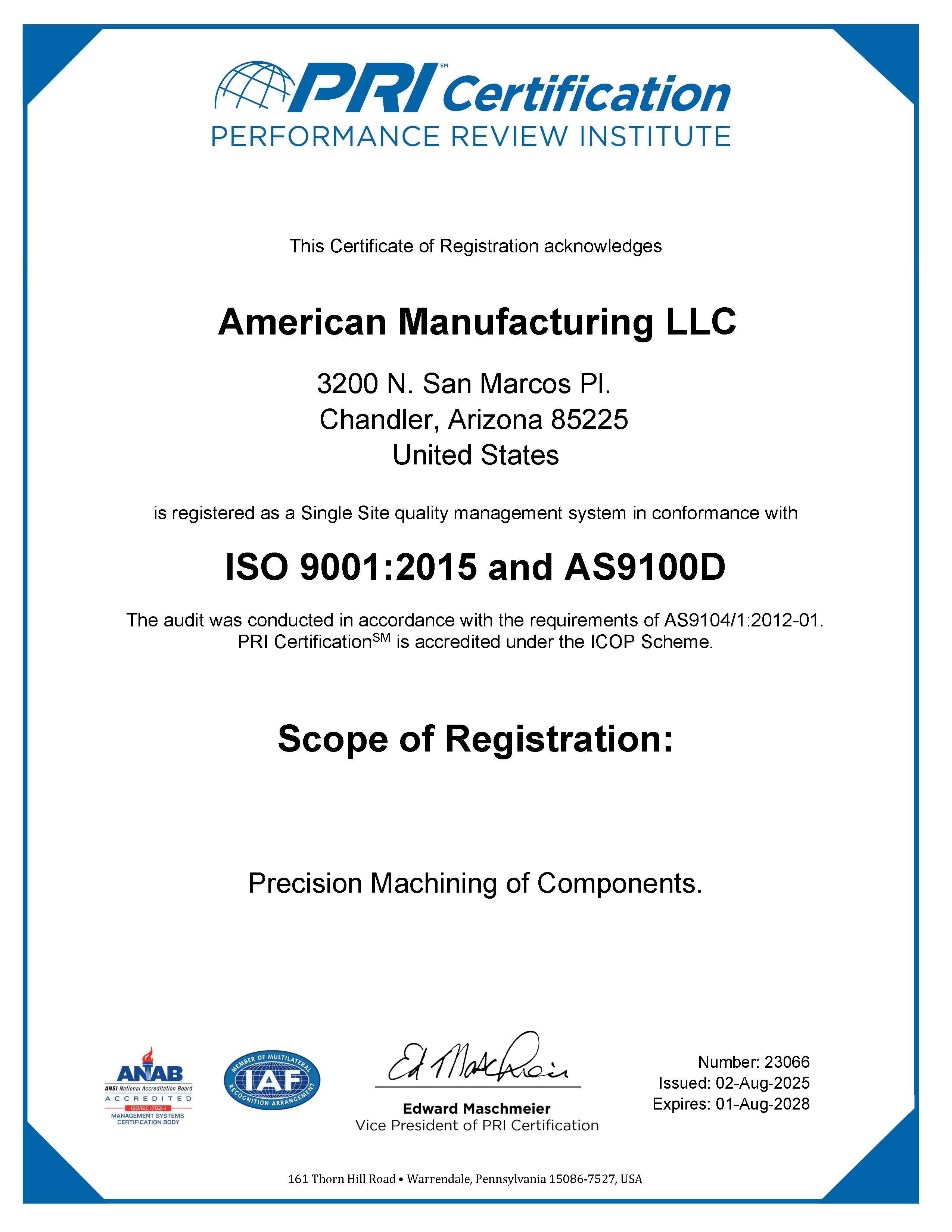 AS9100D / ISO 9001:2015 Certificate